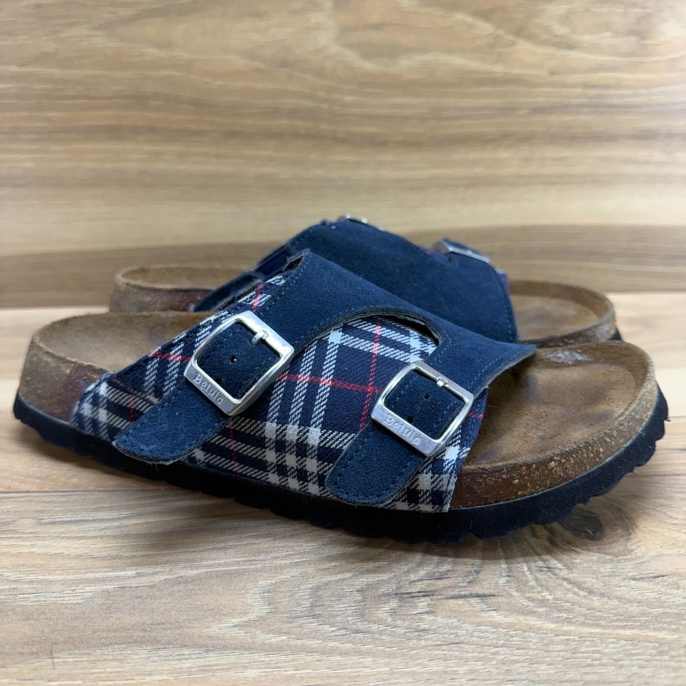 Betula Birkenstock Plaid Navy Buckle Sandals Womens 6 N EU 37 Slide Slip On
